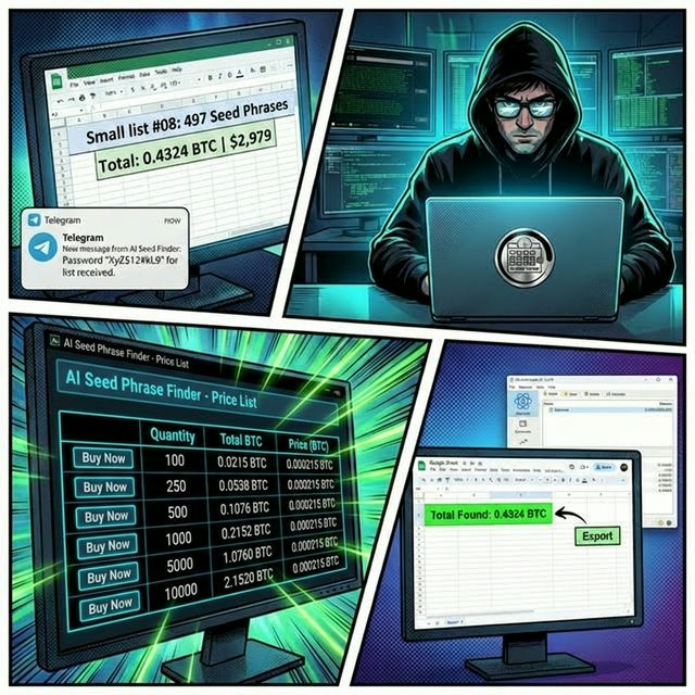 Visual representation of the automated Bitcoin profit cycle: AI Seed Phrase Finder identification, validation, and safe asset recovery process